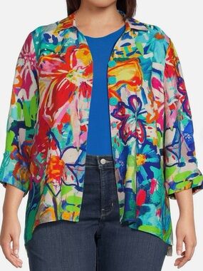 Ali Miles Floral Button Front Blue White Tunic Top Jacket XL NWT